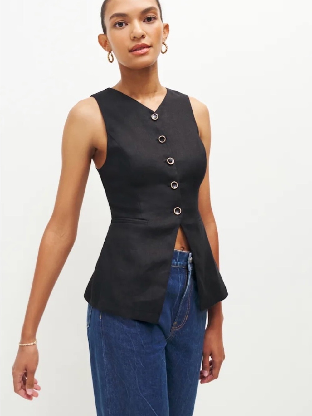 Reformation Aspen Linen Sleeveless Black Button-Front Peplum Top